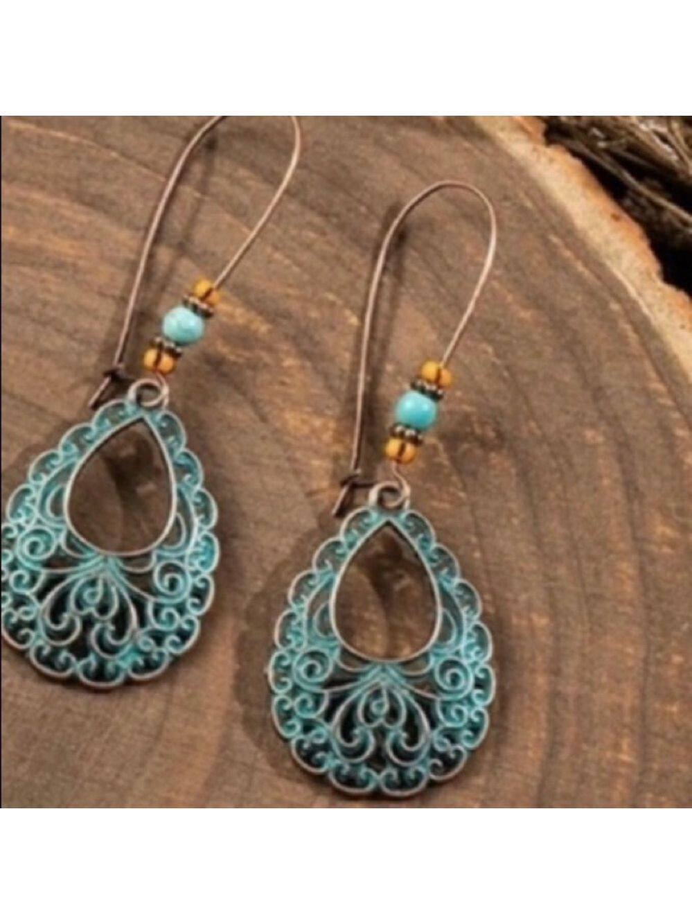 Boho turquoise copper teardrop long dangle beaded wire earrings fall cowgirl